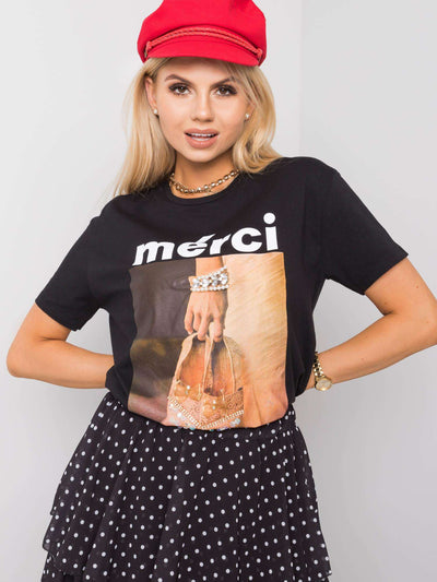 Czarny t-shirt damski z aplikacjami