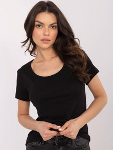 RUE PARIS Czarny t-shirt basic z okrągłym dekoltem