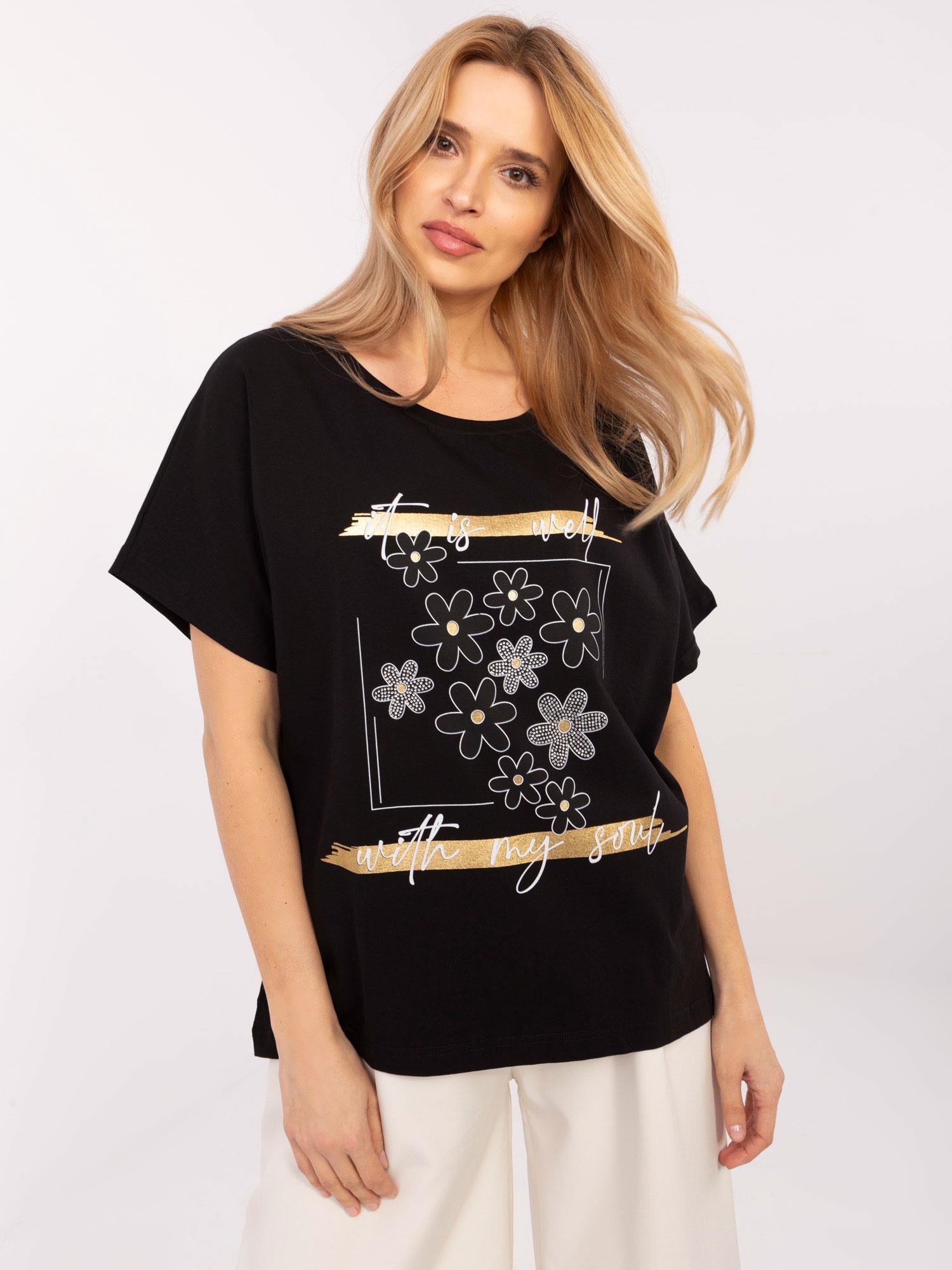 Czarny damski t-shirt oversize z aplikacjami