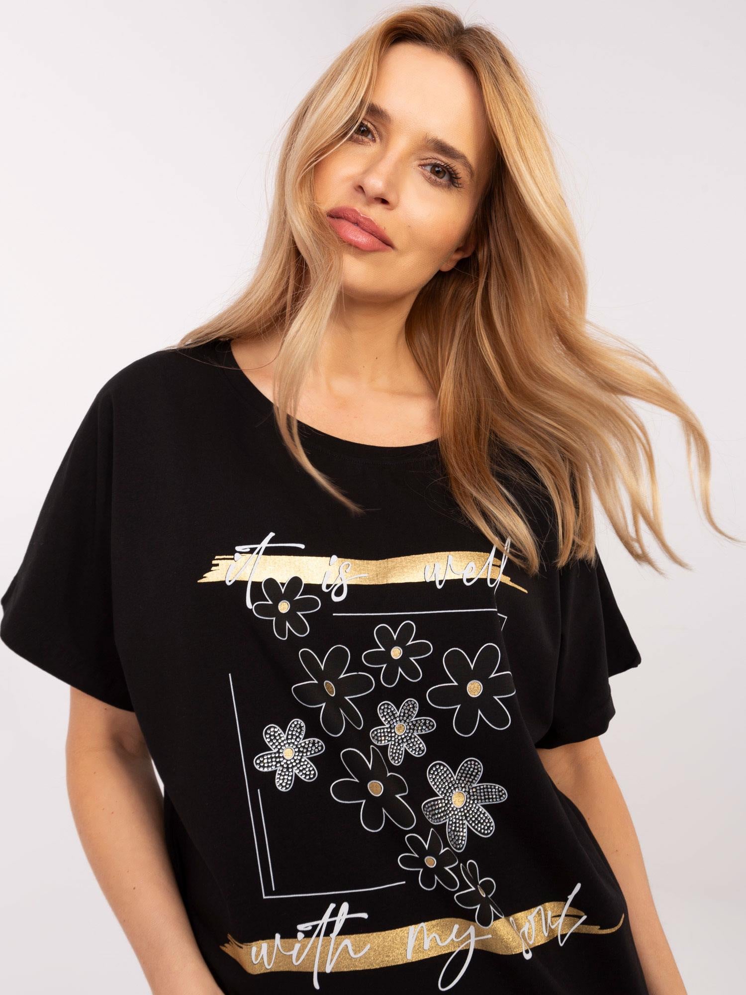 Czarny damski t-shirt oversize z aplikacjami