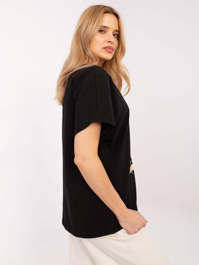 Czarny damski t-shirt oversize z aplikacjami