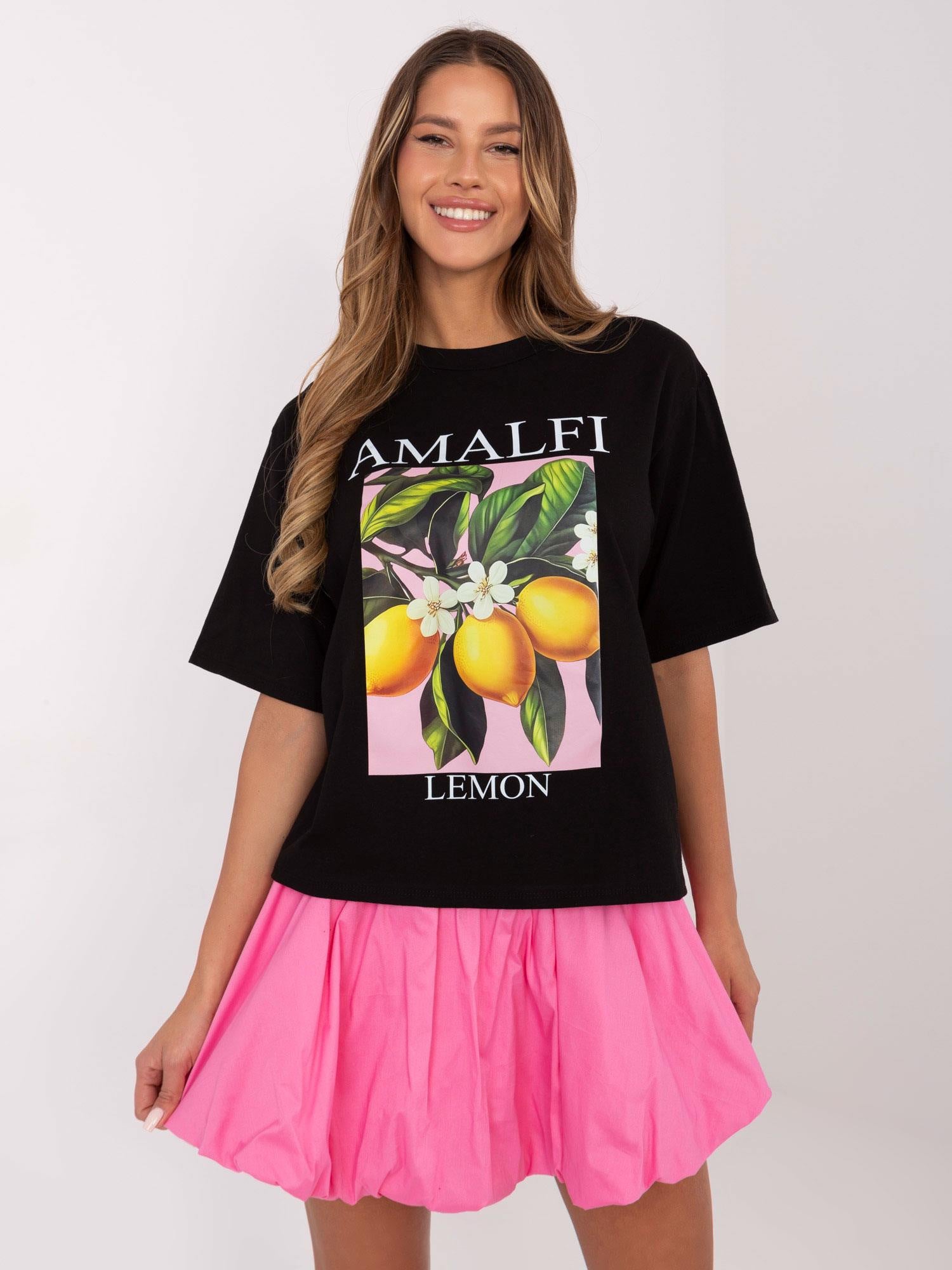 Czarny damski t-shirt z nadrukiem w cytryny