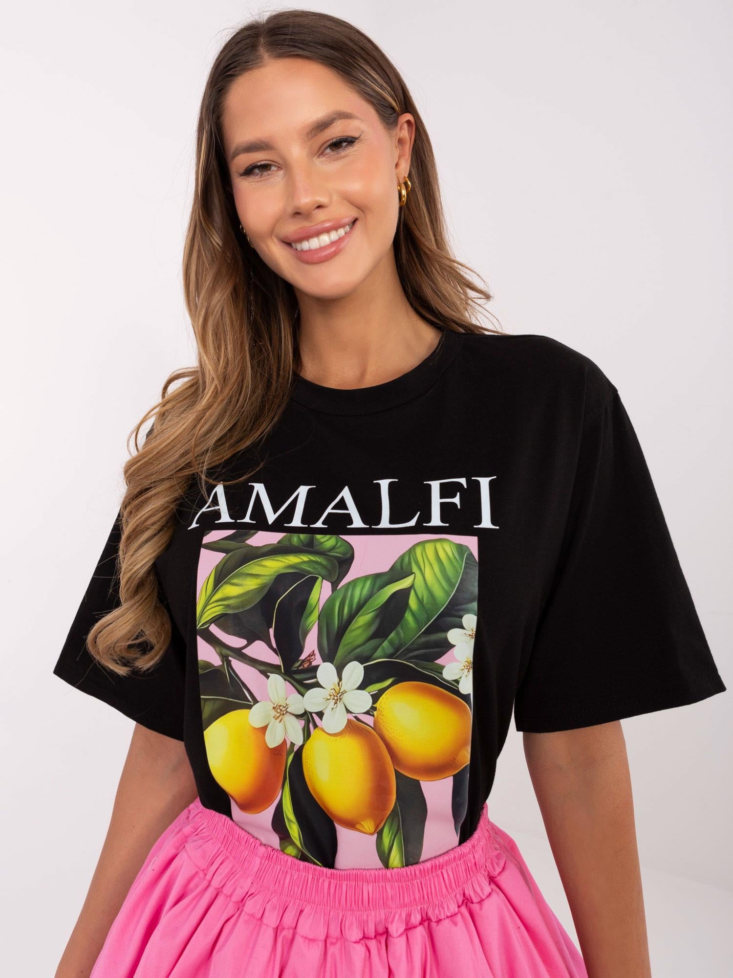 Czarny damski t-shirt z nadrukiem w cytryny