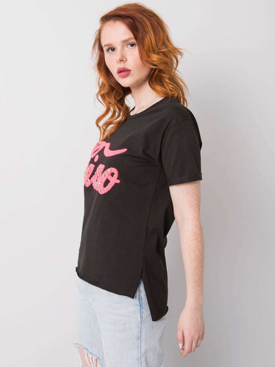 Czarny damski t-shirt z aplikacją