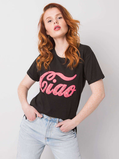 Czarny damski t-shirt z aplikacją