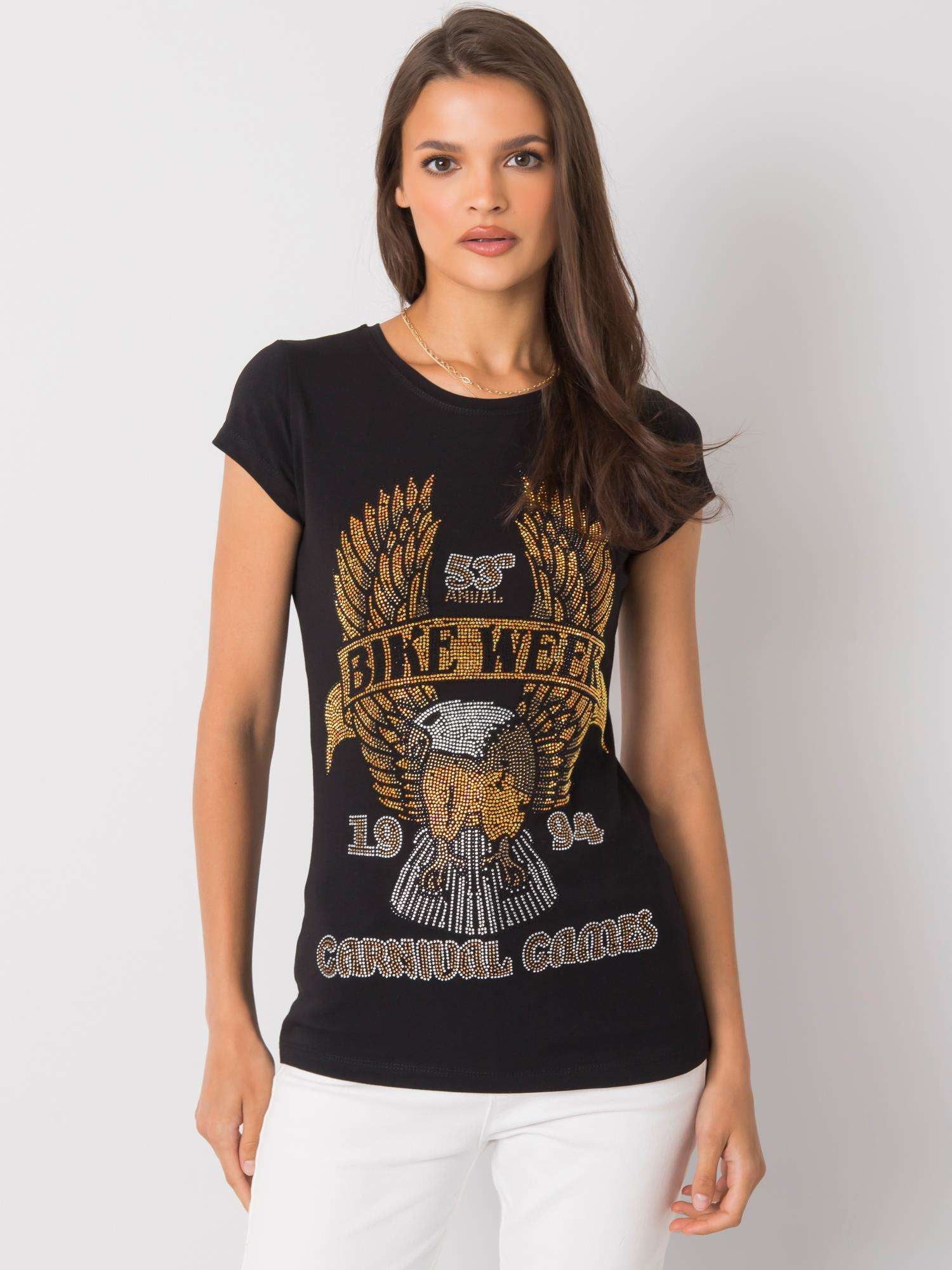 Czarny t-shirt damski z aplikacją