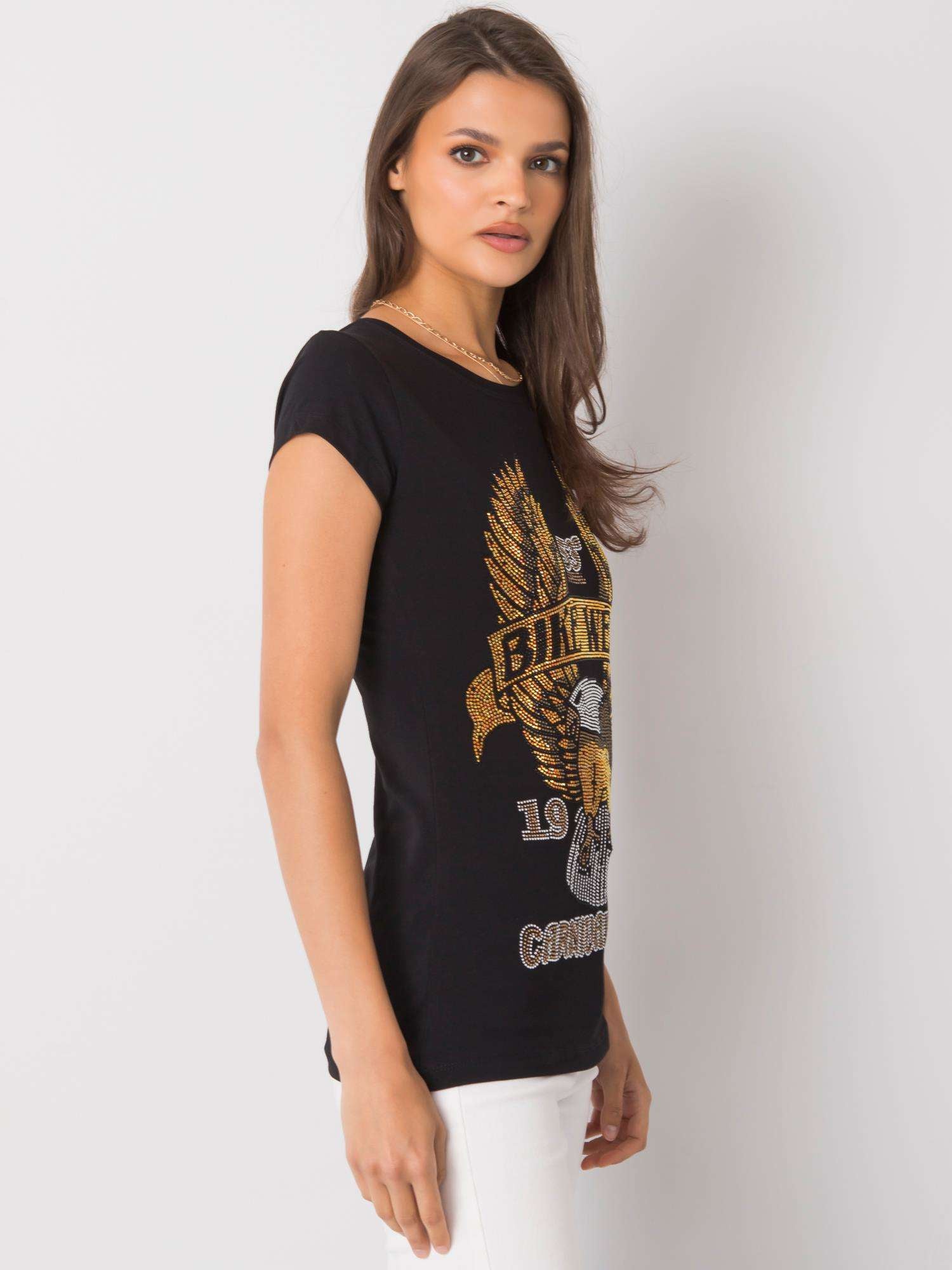 Czarny t-shirt damski z aplikacją