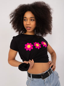 BASIC FEEL GOOD Czarny t-shirt z haftem w kwiaty