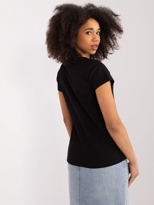 BASIC FEEL GOOD Czarny t-shirt z haftem w kwiaty