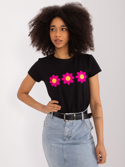 BASIC FEEL GOOD Czarny t-shirt z haftem w kwiaty