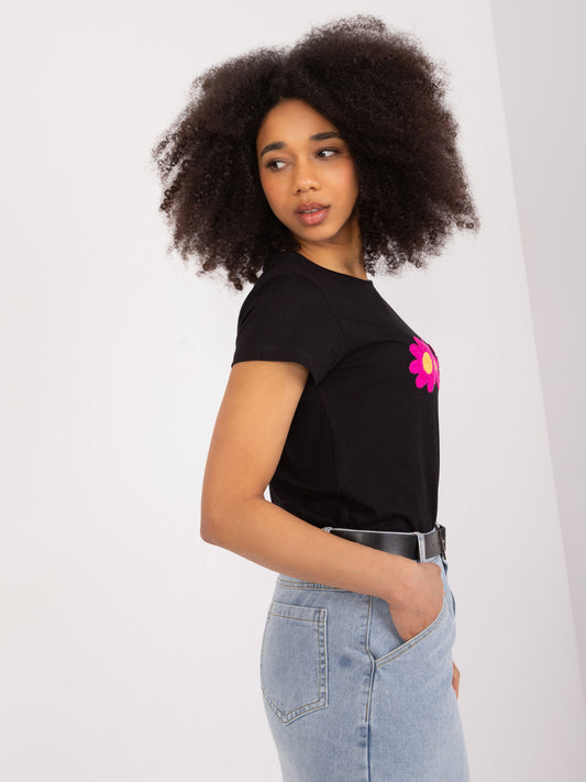 BASIC FEEL GOOD Czarny t-shirt z haftem w kwiaty
