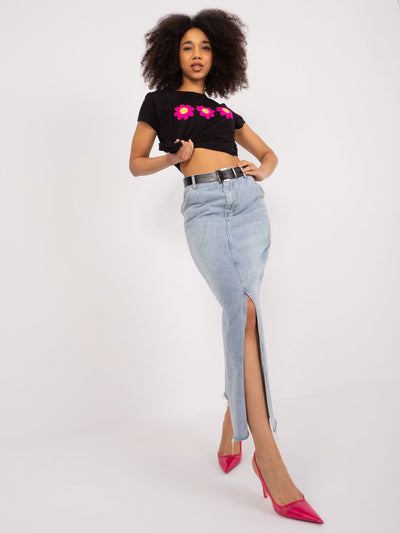BASIC FEEL GOOD Czarny t-shirt z haftem w kwiaty
