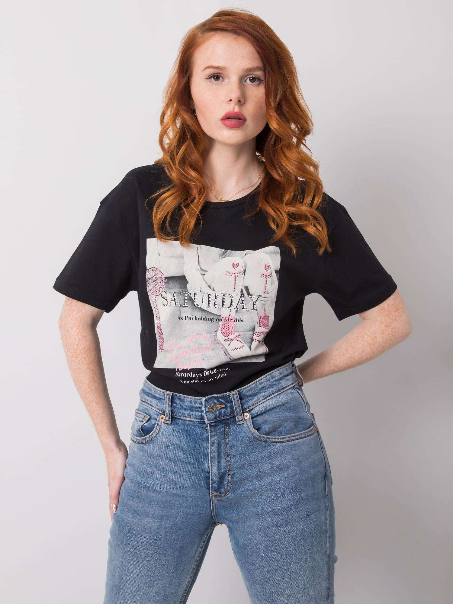 Czarny t-shirt damski z dżetami
