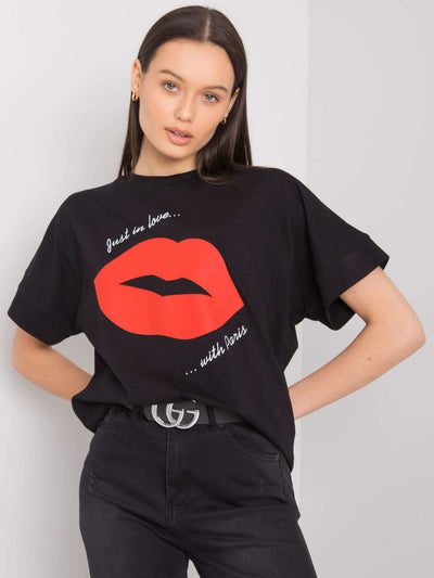 RUE PARIS Czarny damski t-shirt z nadrukiem
