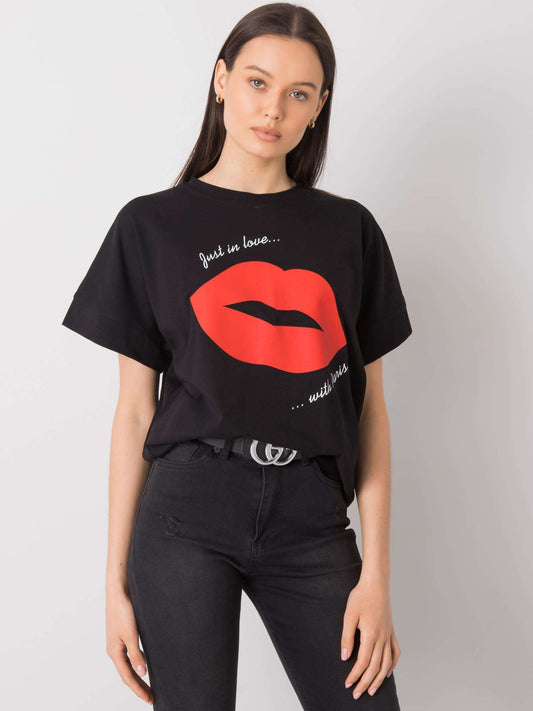 RUE PARIS Czarny damski t-shirt z nadrukiem