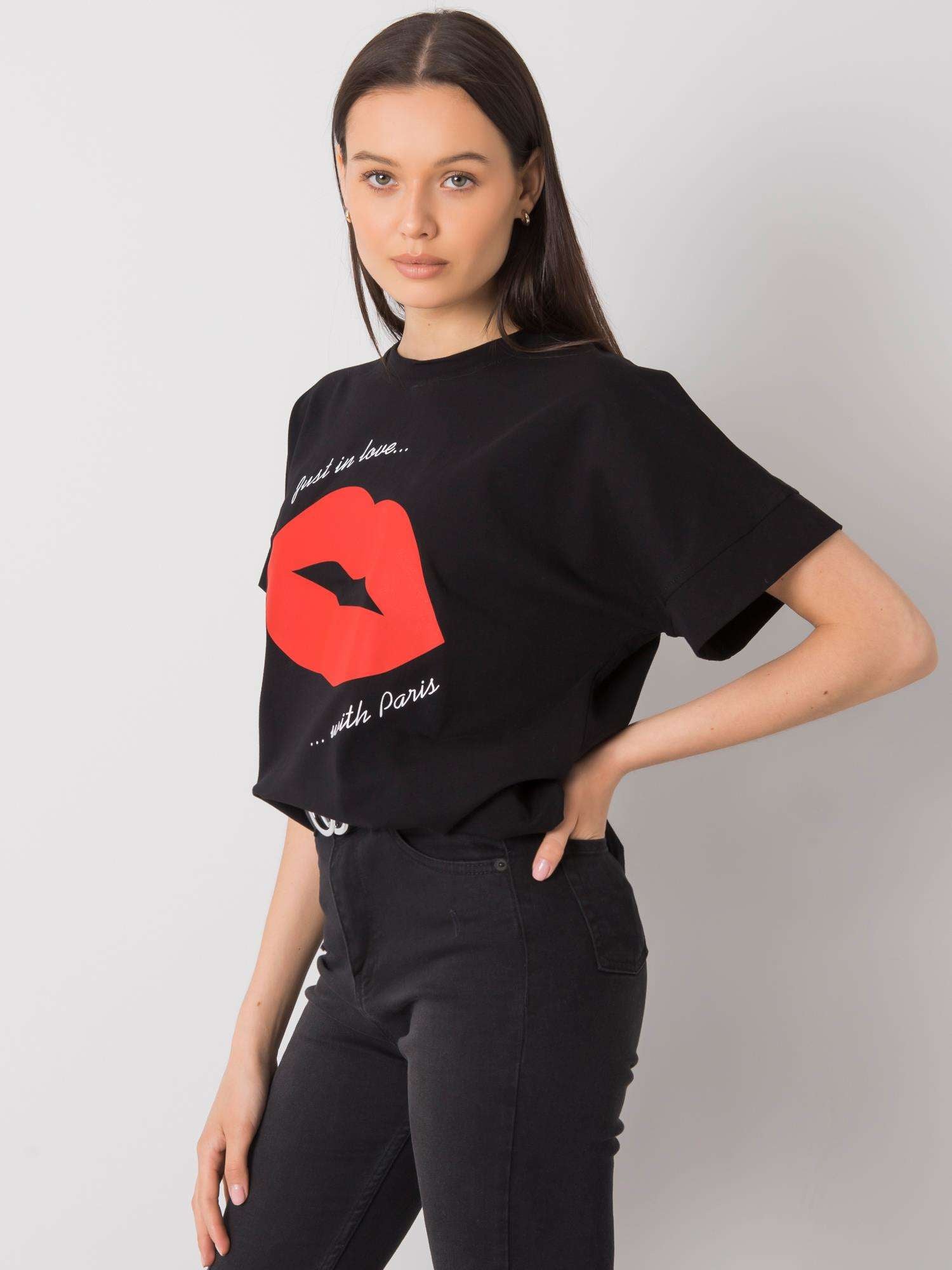RUE PARIS Czarny damski t-shirt z nadrukiem