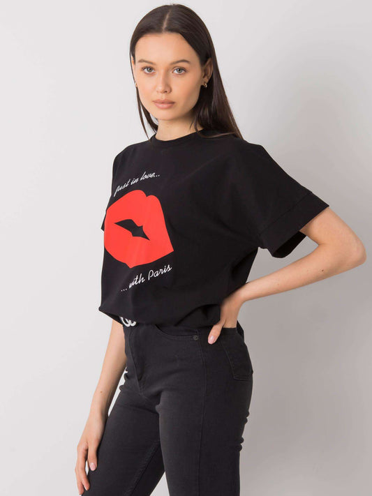 RUE PARIS Czarny damski t-shirt z nadrukiem