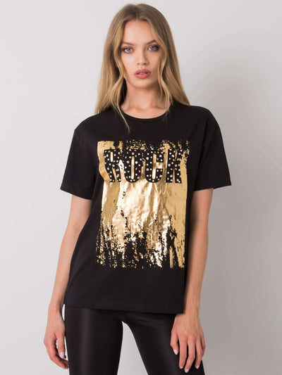 Czarny t-shirt z napisem i aplikacją