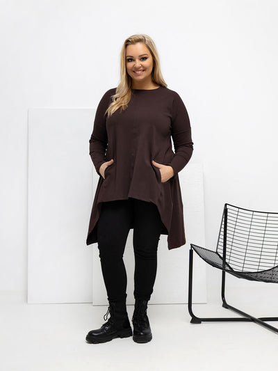 Czekoladowa długa bluzka plus size z bawełny