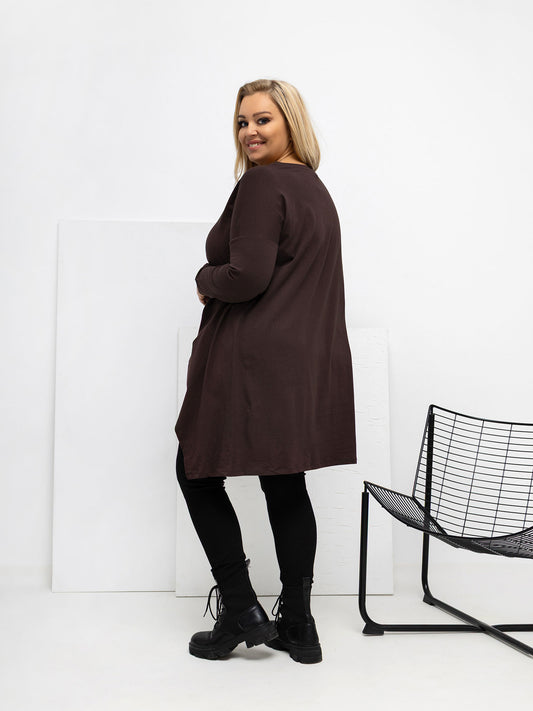 Czekoladowa długa bluzka plus size z bawełny