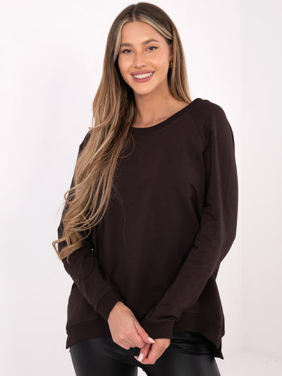 RUE PARIS Czekoladowa bluza basic z dłuższym tyłem