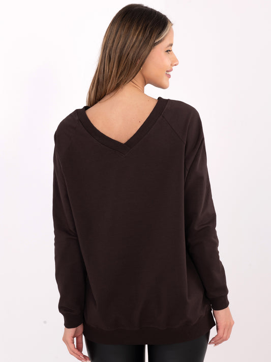RUE PARIS Czekoladowa bluza basic z dłuższym tyłem