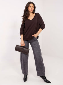 RUE PARIS Czekoladowa bluza basic z dekoltem V