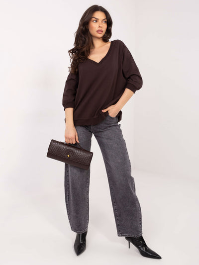 RUE PARIS Czekoladowa bluza basic z dekoltem V