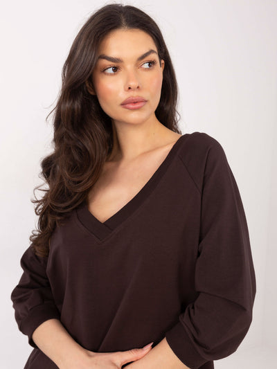 RUE PARIS Czekoladowa bluza basic z dekoltem V