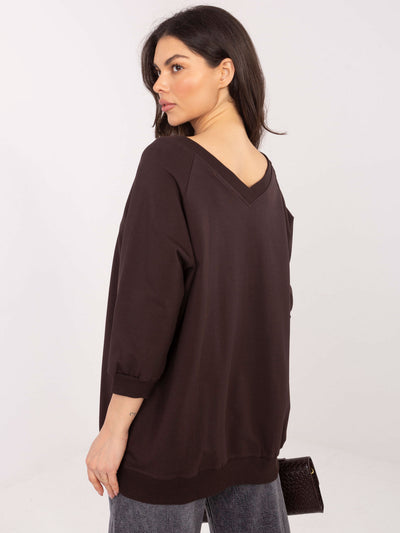 RUE PARIS Czekoladowa bluza basic z dekoltem V