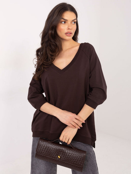 RUE PARIS Czekoladowa bluza basic z dekoltem V