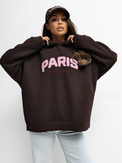 RUE PARIS Czekoladowa bluza oversize z naszywką