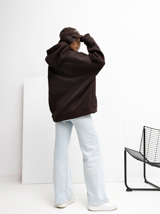 RUE PARIS Czekoladowa dresowa bluza basic z kapturem