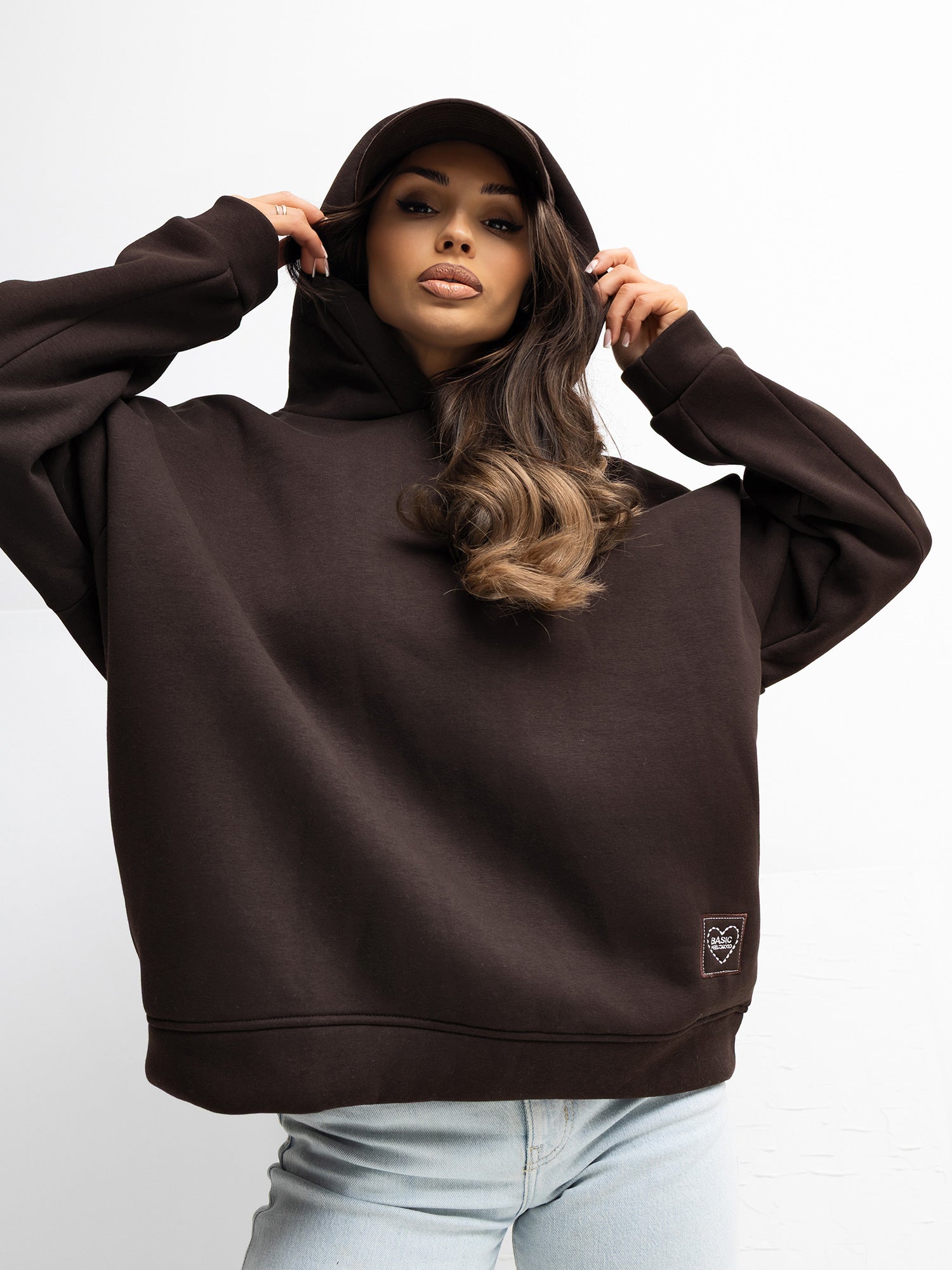 RUE PARIS Czekoladowa dresowa bluza basic z kapturem