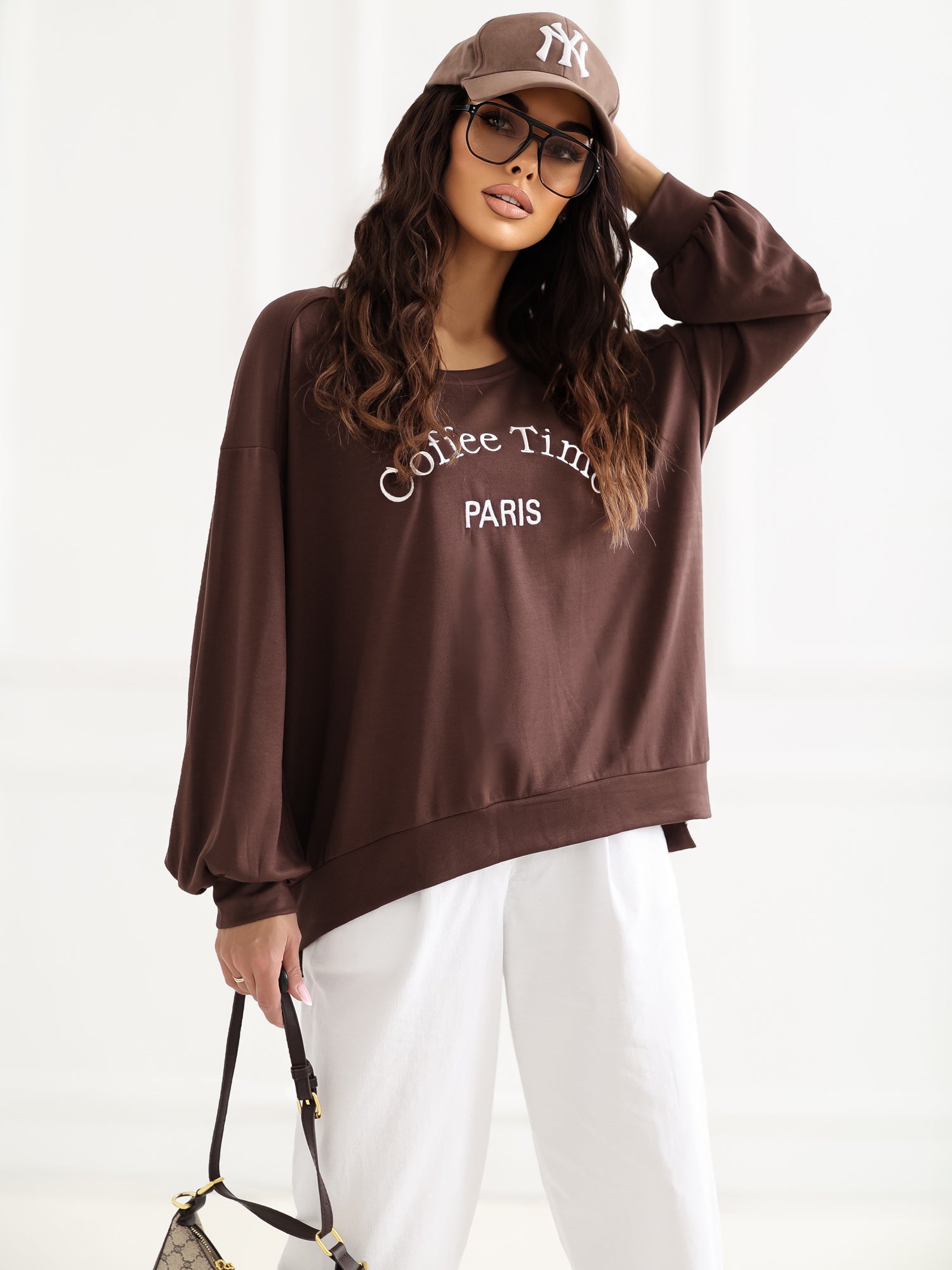 RUE PARIS Czekoladowa bluza oversize bez kaptura
