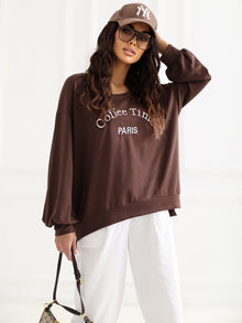 RUE PARIS Czekoladowa bluza oversize bez kaptura