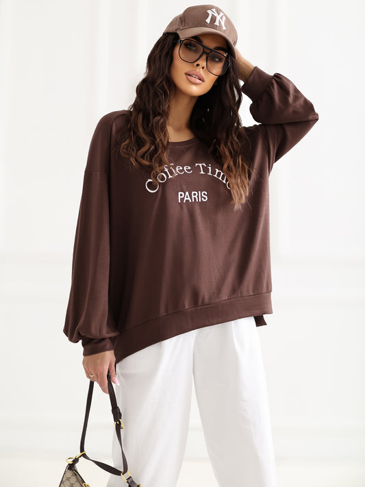 RUE PARIS Czekoladowa bluza oversize bez kaptura