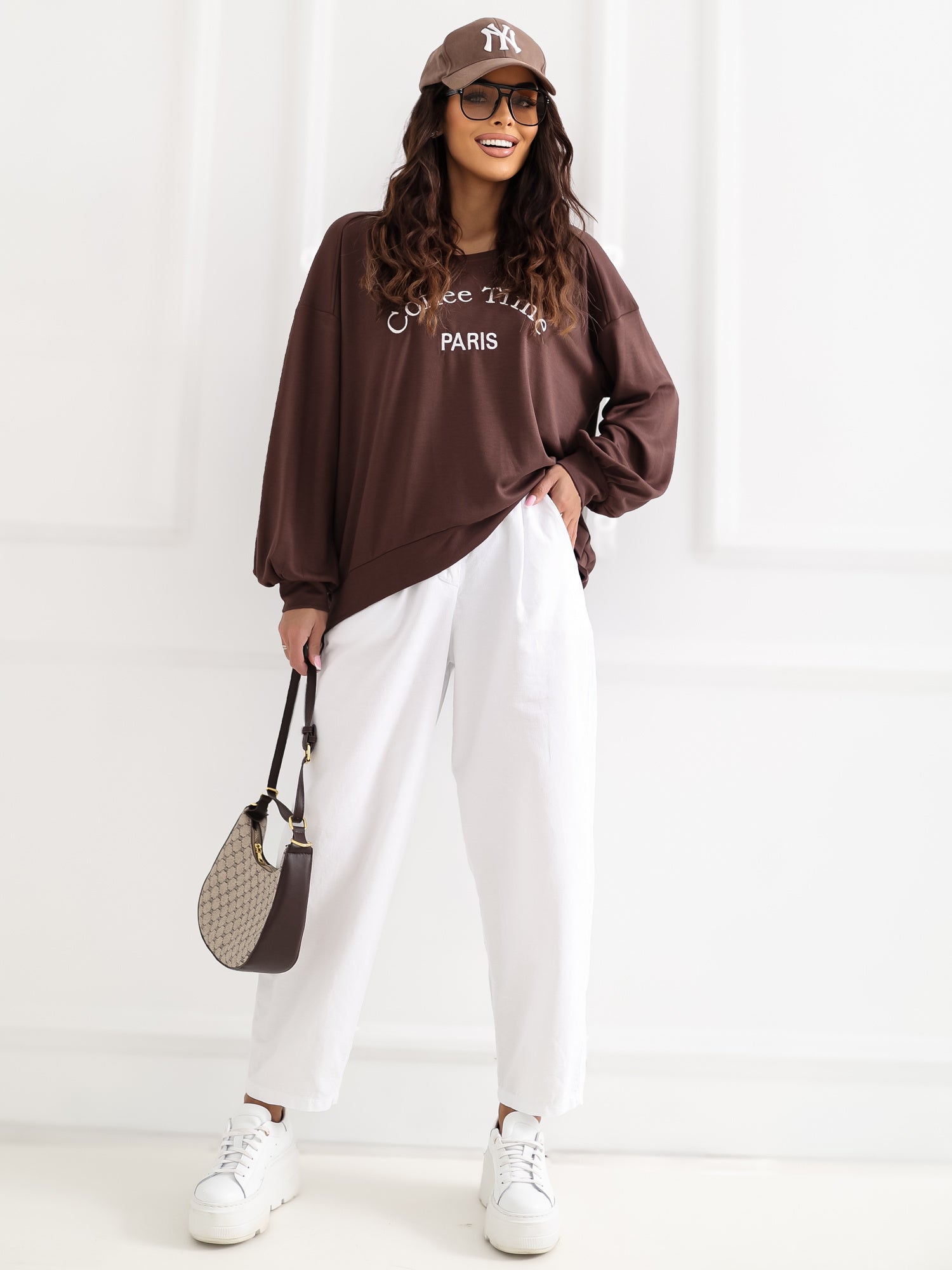 RUE PARIS Czekoladowa bluza oversize bez kaptura