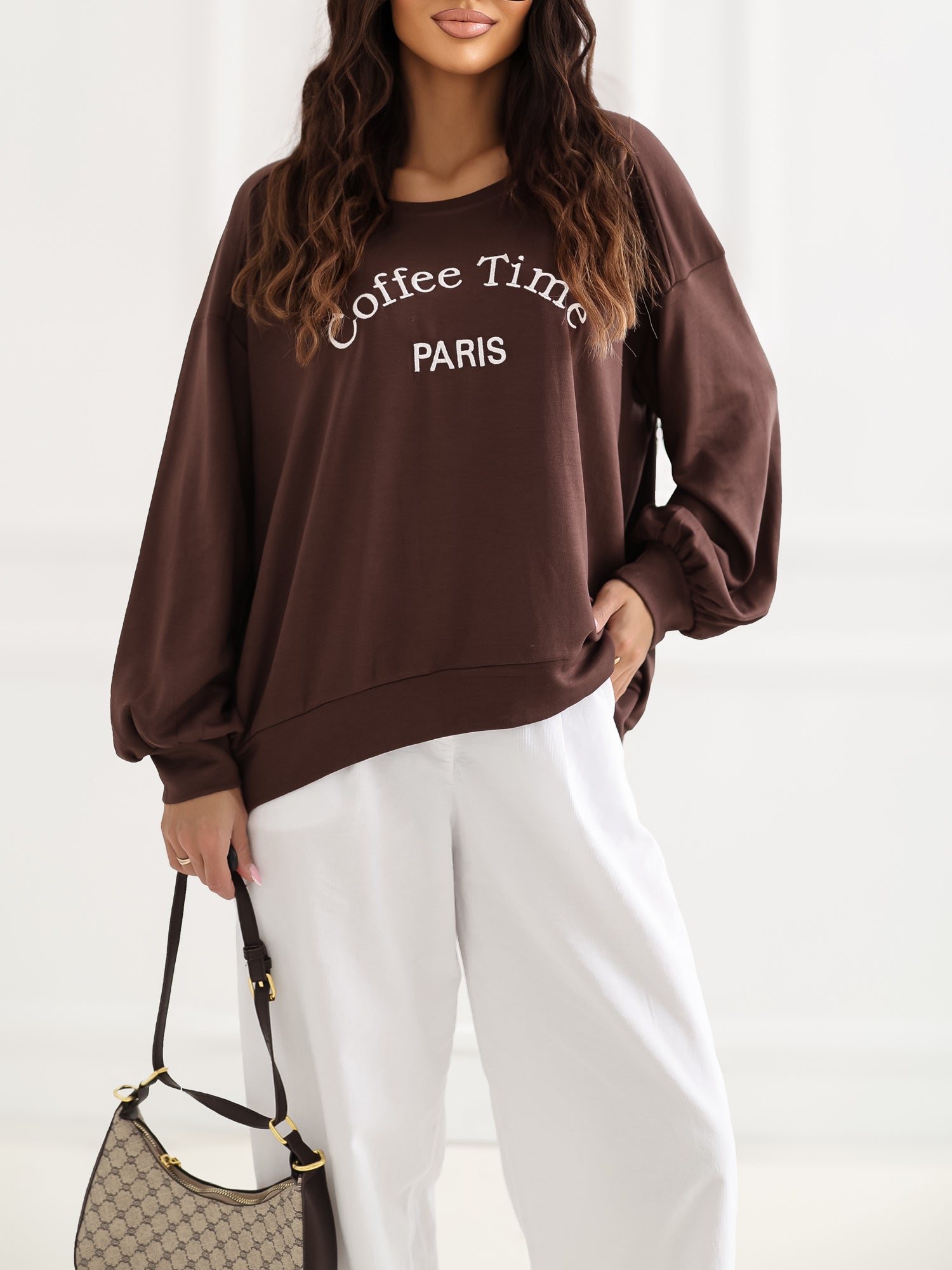 RUE PARIS Czekoladowa bluza oversize bez kaptura