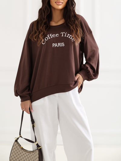 RUE PARIS Czekoladowa bluza oversize bez kaptura