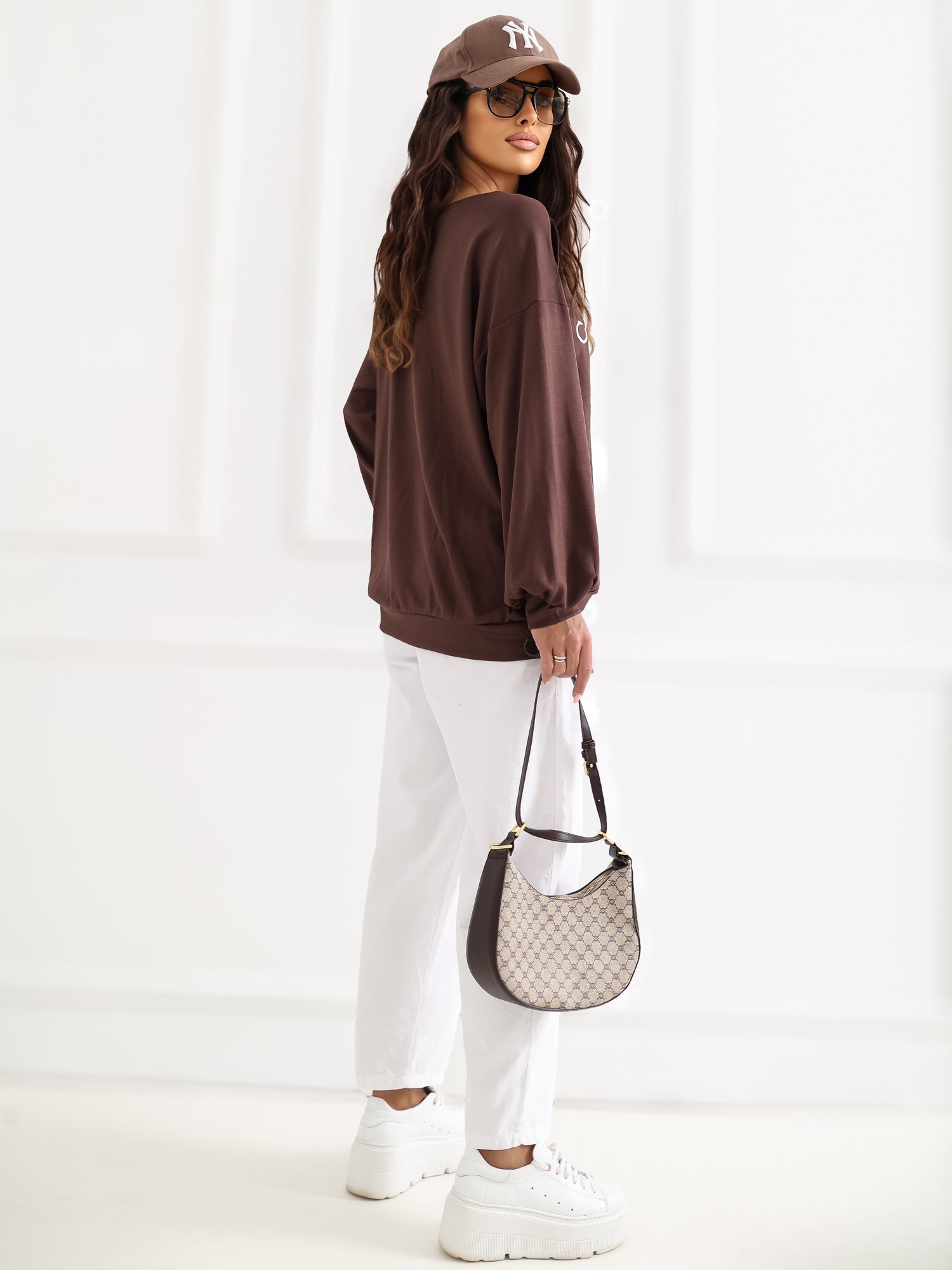 RUE PARIS Czekoladowa bluza oversize bez kaptura