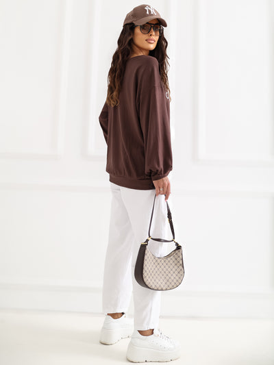 RUE PARIS Czekoladowa bluza oversize bez kaptura