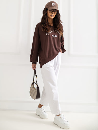 RUE PARIS Czekoladowa bluza oversize bez kaptura