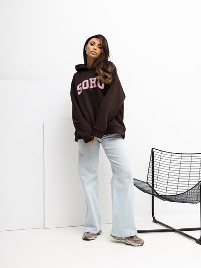 RUE PARIS Czekoladowa bluza oversize z kapturem