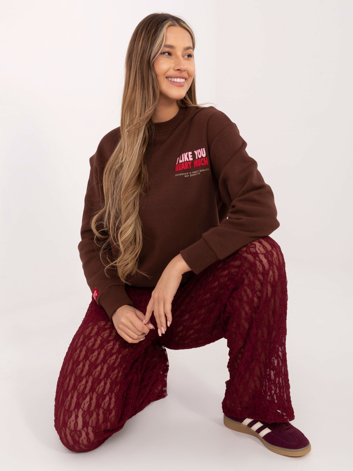 SUBLEVEL Czekoladowa bluza z nadrukiem teddy bear