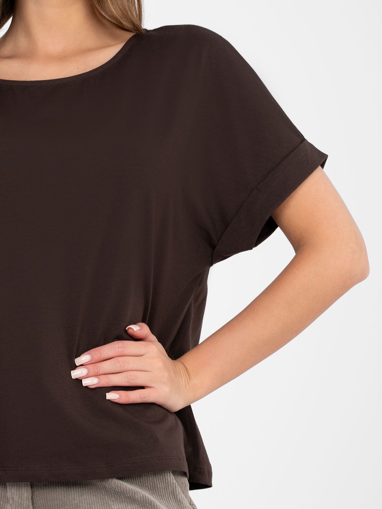 RUE PARIS Czekoladowa bluzka basic o kroju oversize