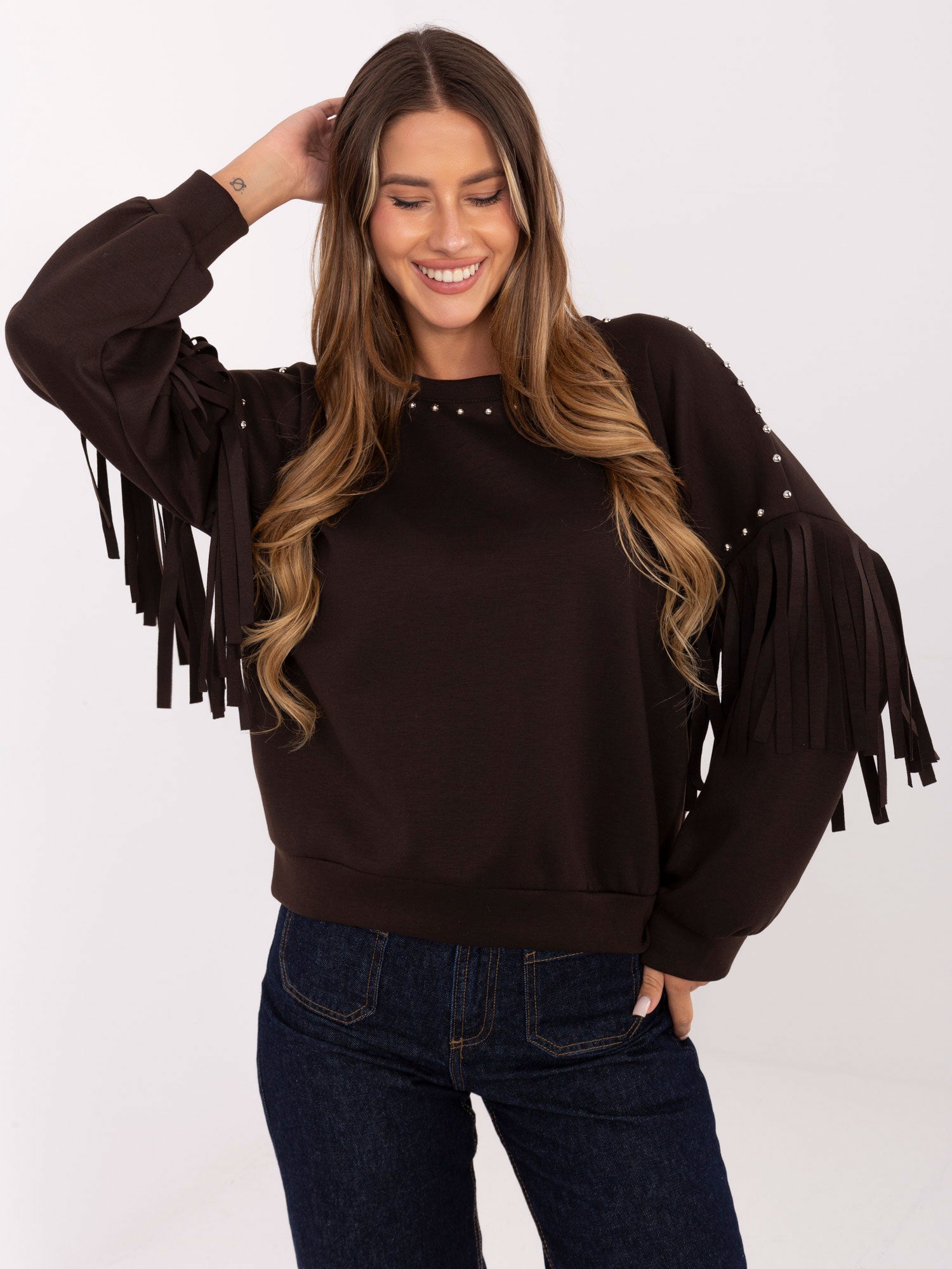 RUE PARIS Czekoladowa bluza oversize z ćwiekami