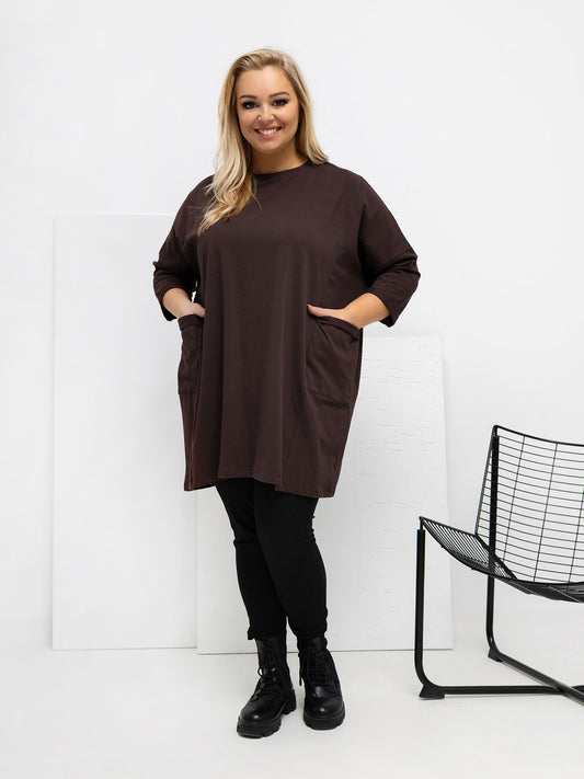 Czekoladowa długa bluzka plus size z bawełny
