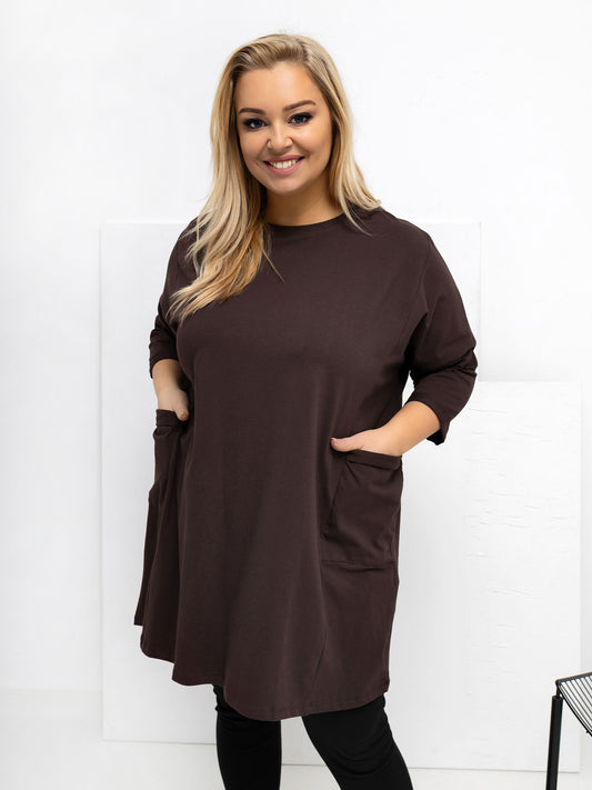 Czekoladowa długa bluzka plus size z bawełny