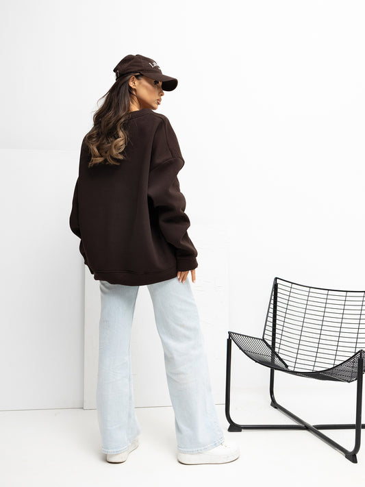 RUE PARIS Czekoladowa dresowa bluza basic z ociepleniem